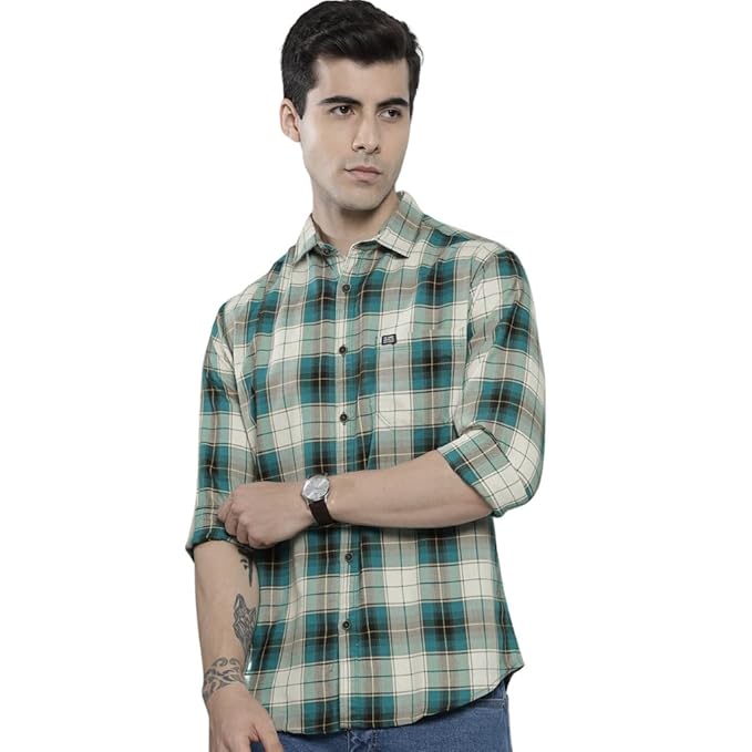 The Indian Garage Co Men's Cotton Regular Fit Checkered Full Sleeves Spread Collar Casual Shirt
