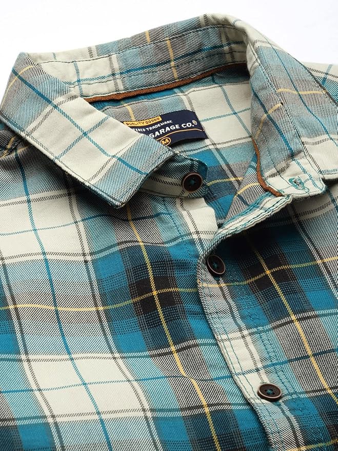 The Indian Garage Co Men's Cotton Regular Fit Checkered Full Sleeves Spread Collar Casual Shirt