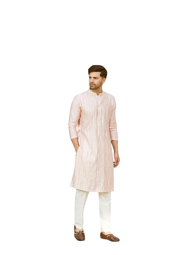 See Designs Men Full Sleeve Chanderi Silk Sequins Mandarin Collar Side Slit Kurta