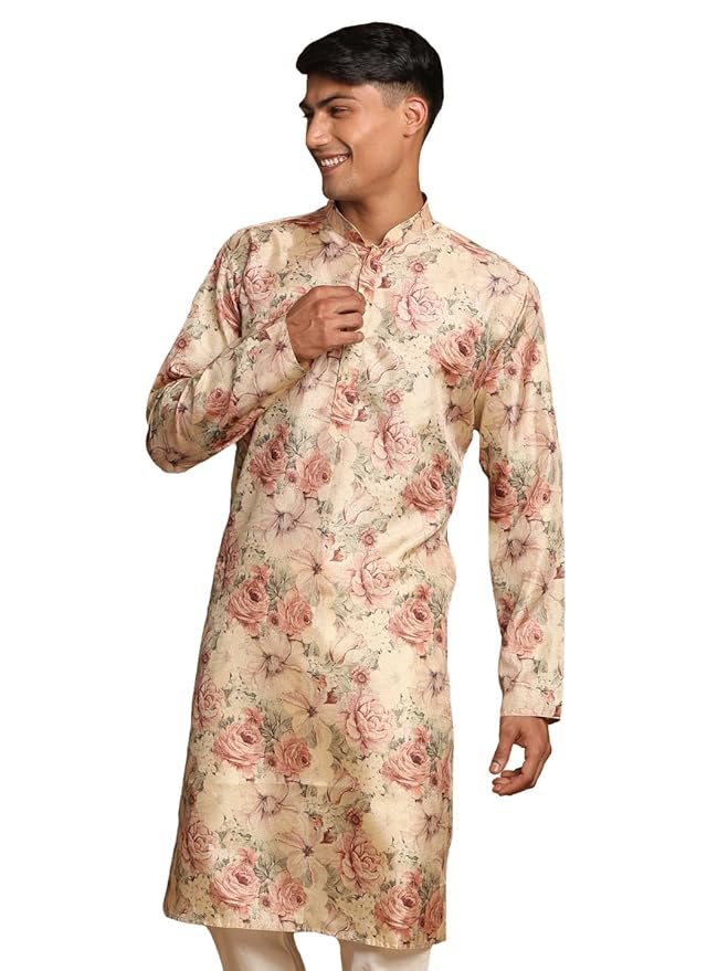VASTRAMAY Men's Brown Silk Blend Kurta | A Stylish Flower Printed Straight Kurta In Silk Blend Fabric