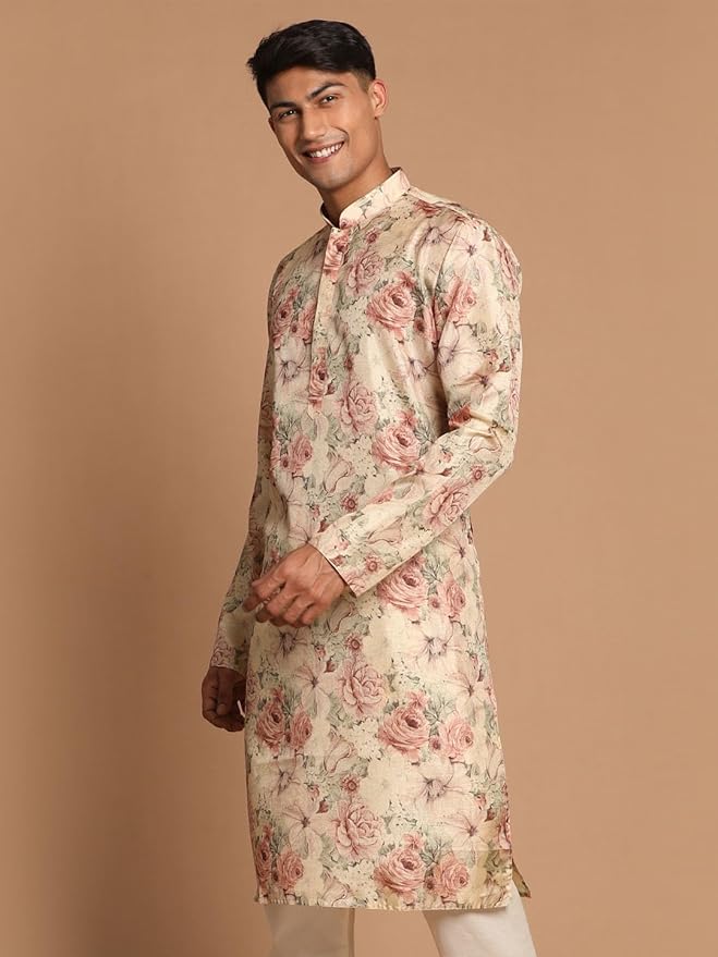 VASTRAMAY Men's Brown Silk Blend Kurta | A Stylish Flower Printed Straight Kurta In Silk Blend Fabric