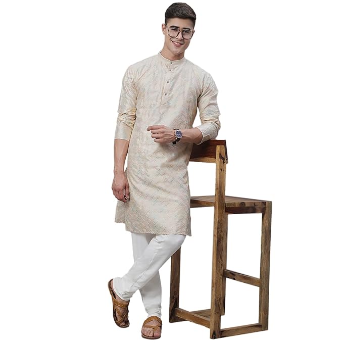 SOJANYA (Since 1958 Men’s Silk Blend Long Kurta| Multi Embroidered