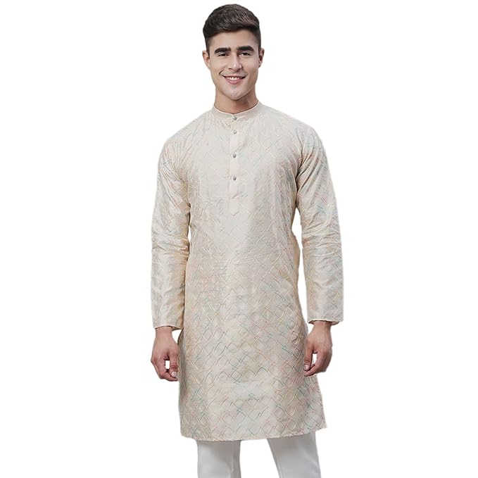SOJANYA (Since 1958 Men’s Silk Blend Long Kurta| Multi Embroidered