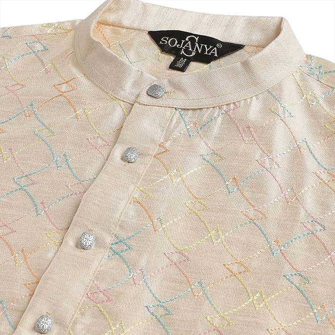 SOJANYA (Since 1958 Men’s Silk Blend Long Kurta| Multi Embroidered